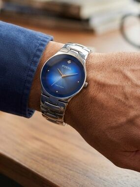 Fossil Men's Silver Bracelet Watch with Blue Sunburst Dial